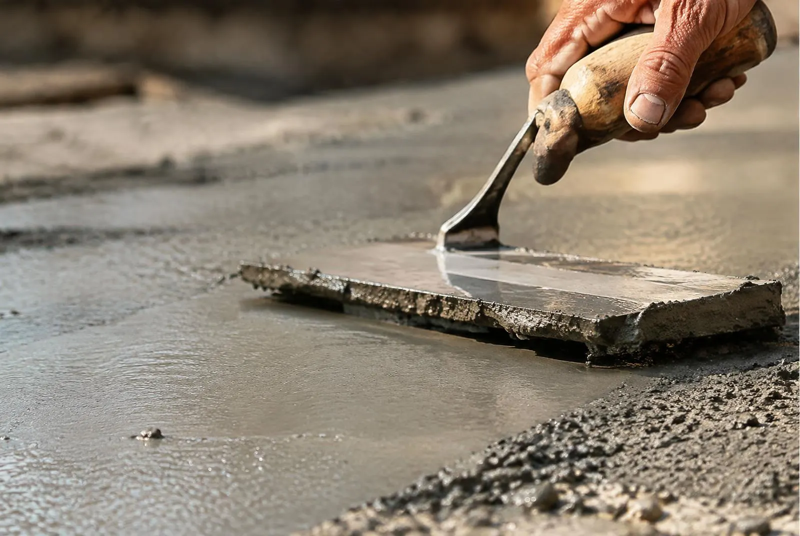 Steel hand trowel smoothing a fresh concrete surface