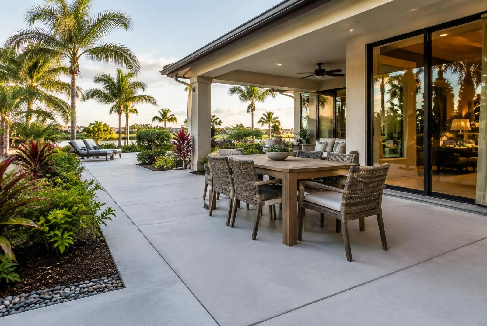 Smooth gray concrete patio with outdoor dining furniture behind a Florida home