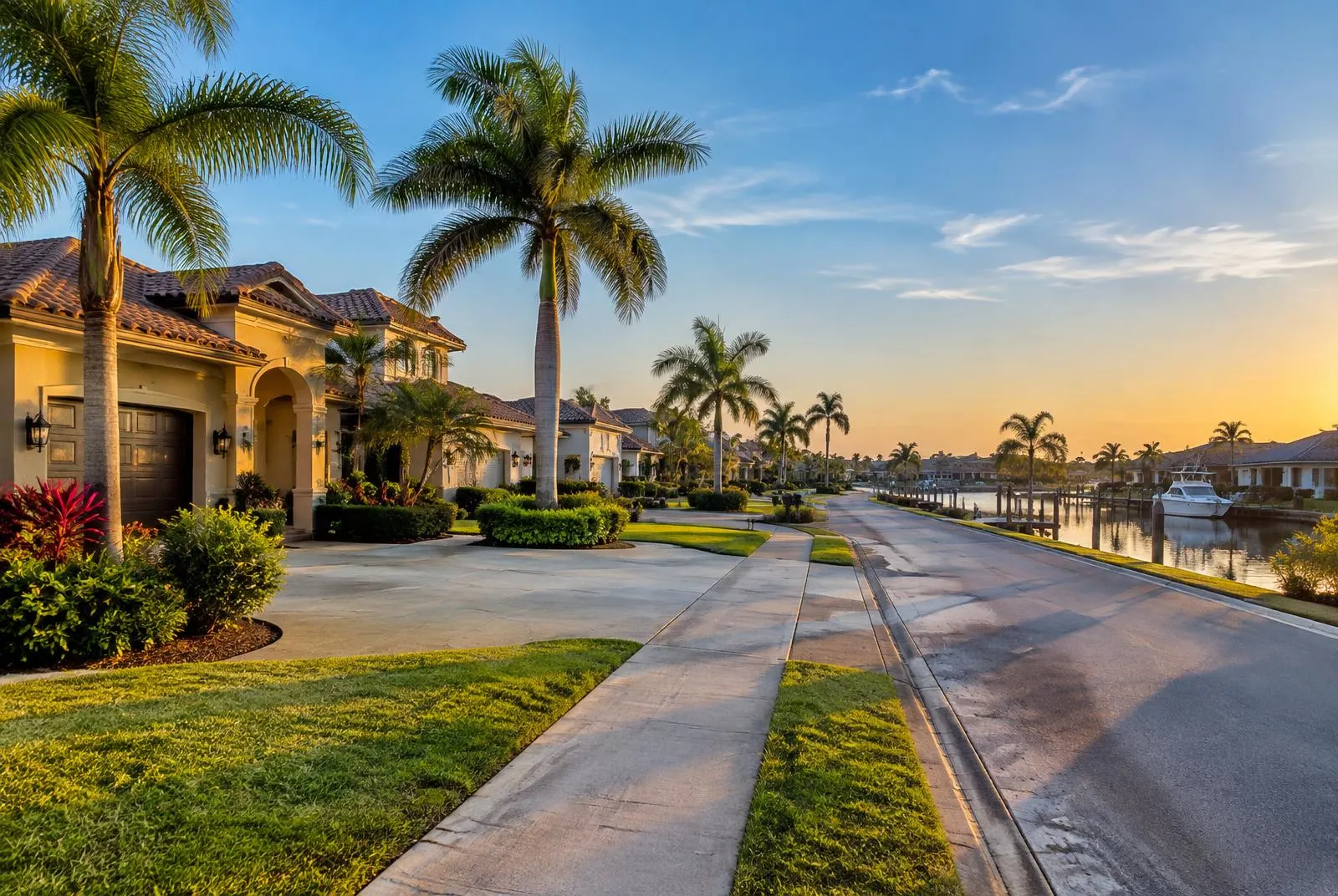 Southwest Florida canal-front street with stucco homes, concrete driveways and sidewalks