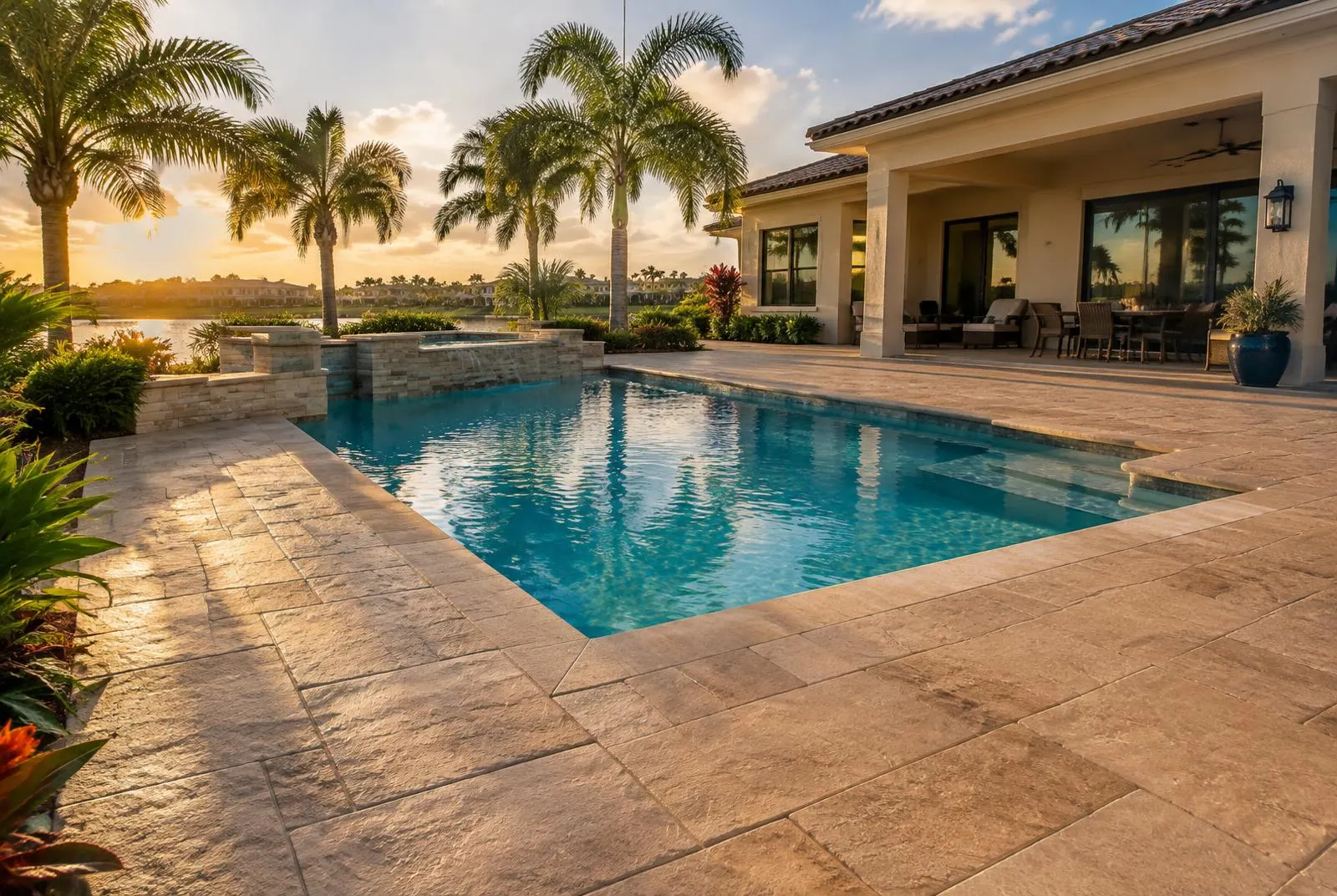 Stamped concrete pool deck with a stone-look pattern in warm sand tones